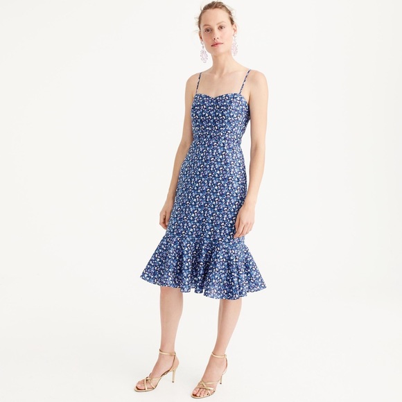 J. Crew Ruffle Hem Midi Dress Liberty Print Blue, Size 12 - Picture 1 of 7